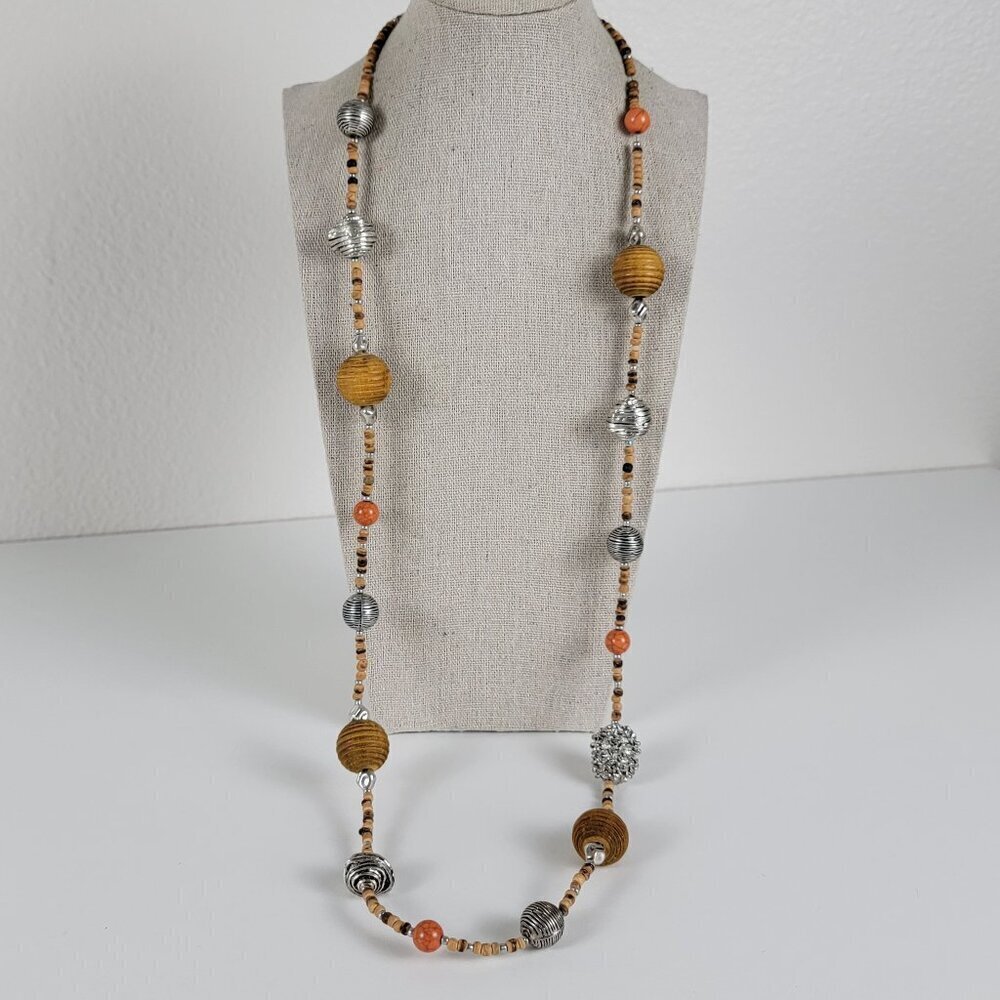 Premier Designs Silver Tone Brown Wood Gemstone Mixed Material Necklace 39" Boho